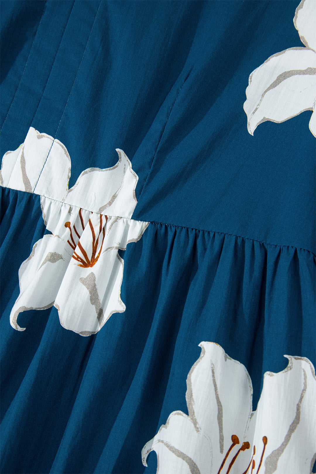 Blue Floral Print Shirt Collar V Neck 3/4 Sleeve Shift Midi Dress