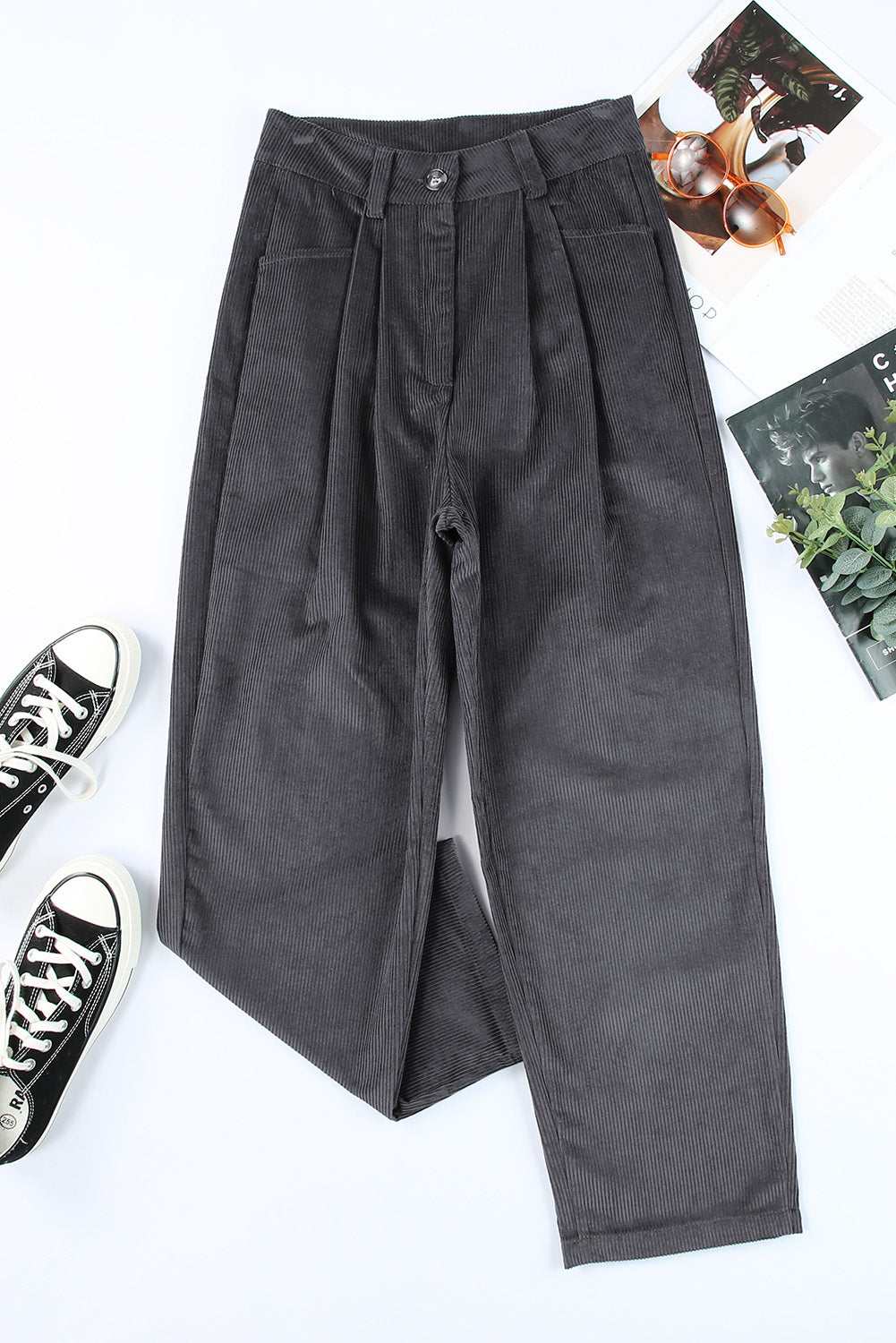 Gray Corduroy High Waist Straight Leg Pants| Women