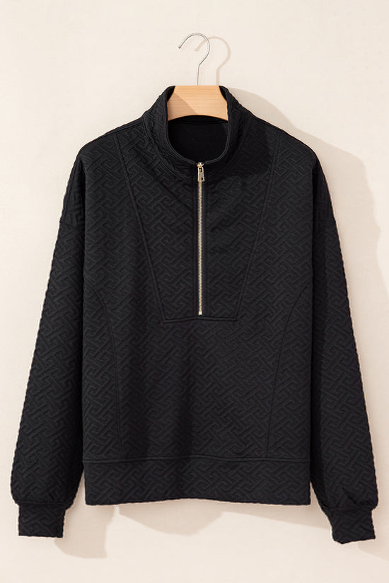 Black Solid Textured Half Zipper Collared Sweatshirt