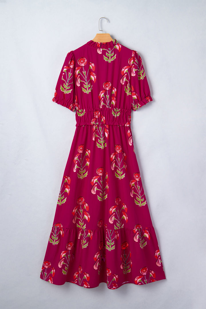 Red Floral Print Frilled V Neck Short Sleeve Ruffle Maxi Dress