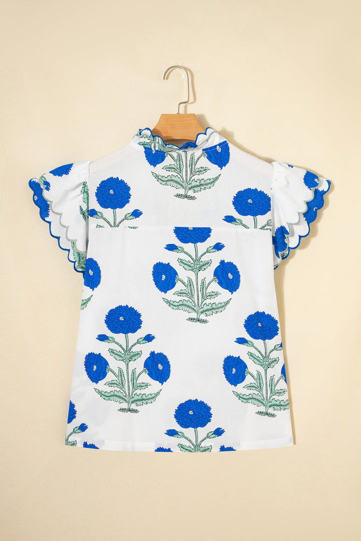 Blue Wild Flower Print Contrast Trim Scallop Detail Short Sleeve Blouse
