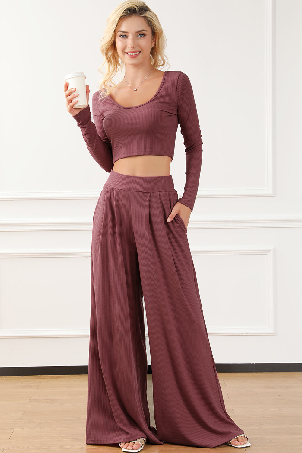 Solid Color Ribbed Crop Top Long Pants Set | Women