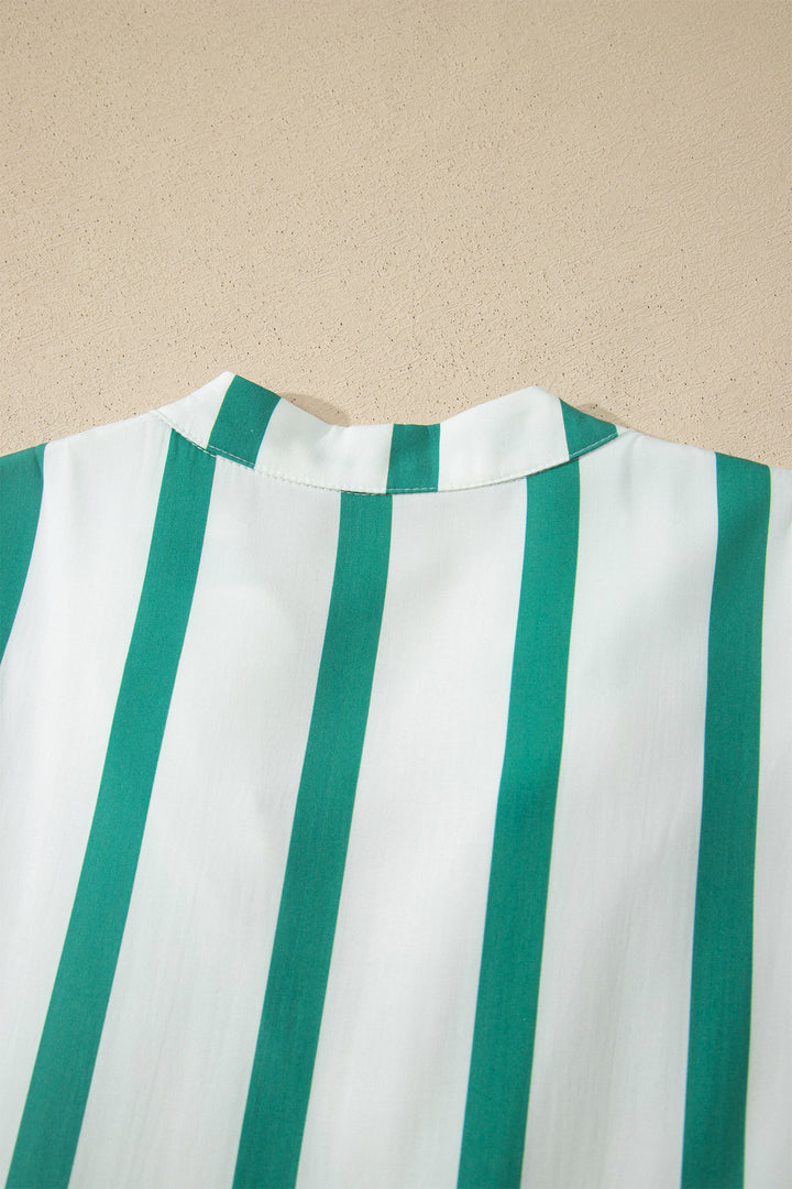Sky Blue Stripe Ricrac Trim Notched Neck Half Sleeve Vacation Dress
