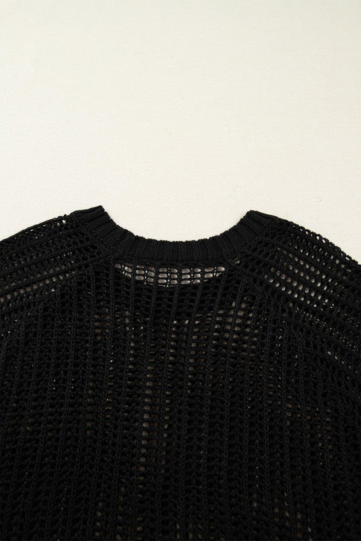 Black Plus Size Open Knit Bow Tie Short Sleeve Sweater