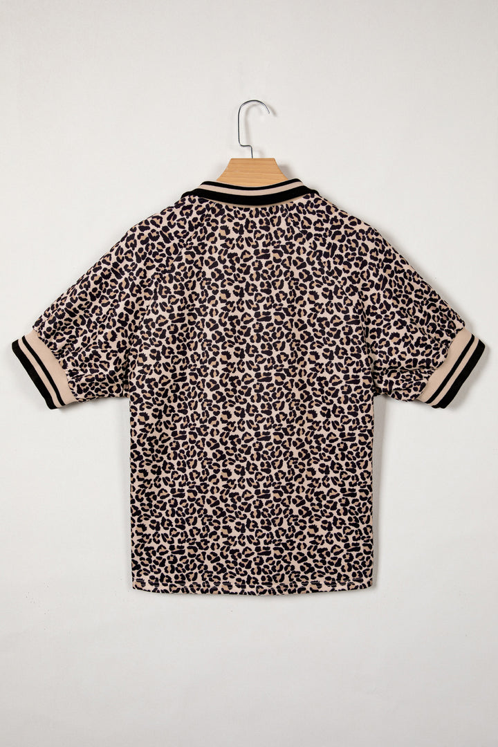 Brown Leopard Print Half Zip Striped Trim Patchwork Short Sleeve Top