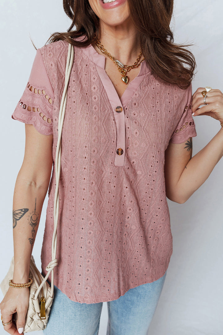 Fushia Textured Embroidered Half Buttons Short Sleeve Blouse
