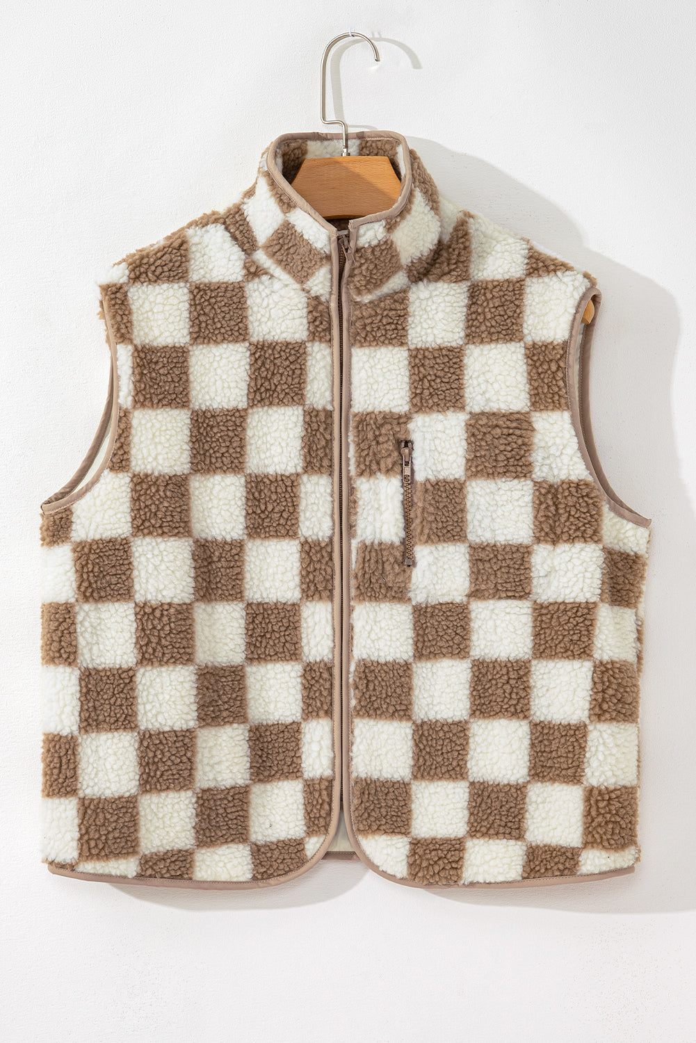 Khaki Checkered Sherpa Collared Jacket Vest