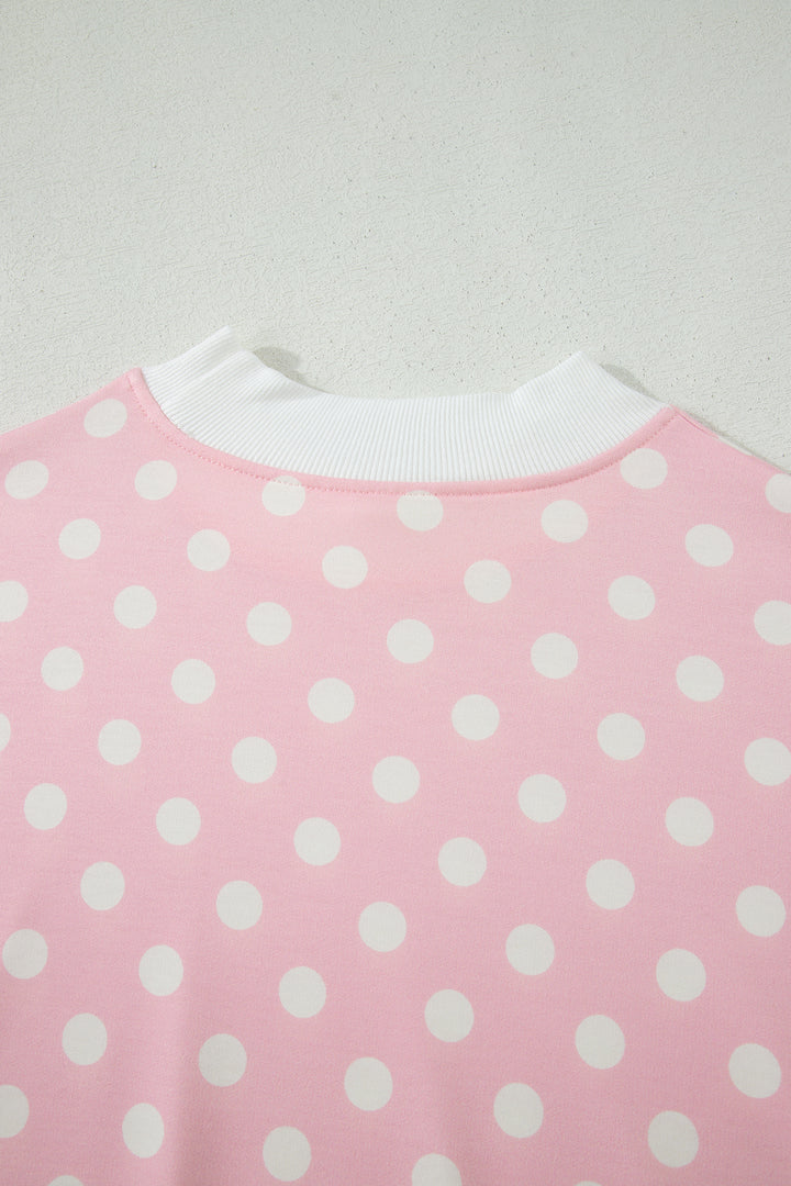 Pink Polka Dot Print Mock Neck Short Sleeve Top Shift Pant Set