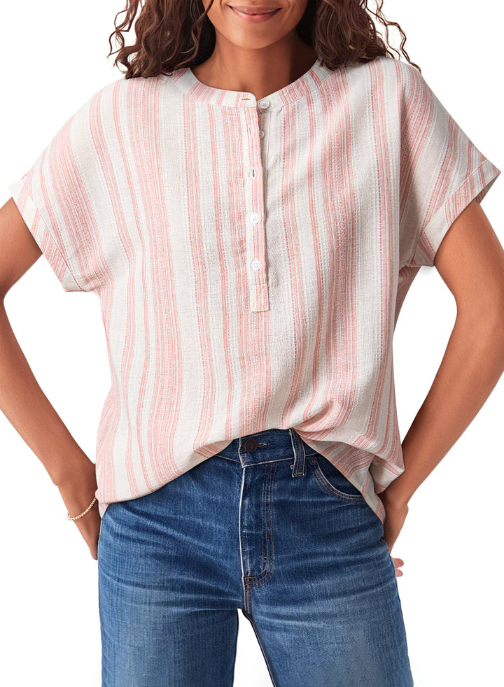 Fiery Red Breathable Gauze Half Button Short Sleeve Casual Blouse