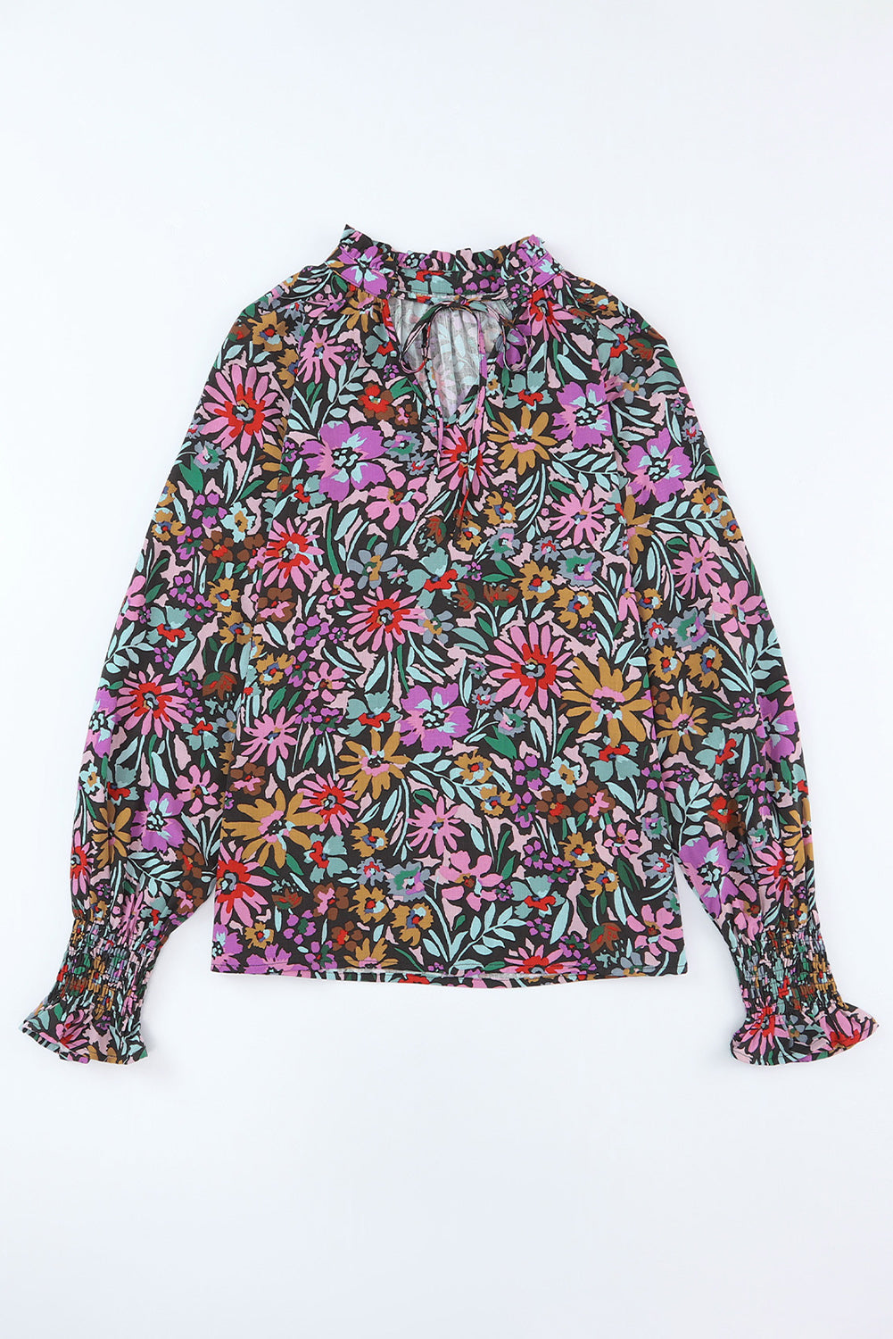 Multicolor Floral Print Ruffled Long Sleeve V-Neck Blouse | Women