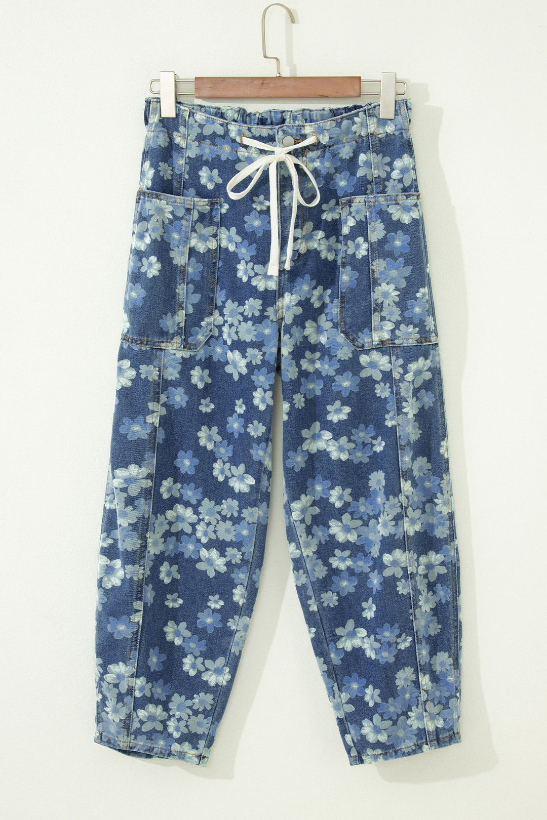 Sky Blue Dainty Floral Printed Drawstring Barrel Jeans