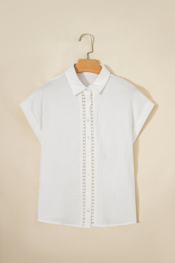 White Cotton Lace Trim Cuffed Short Sleeve Textured Shirt