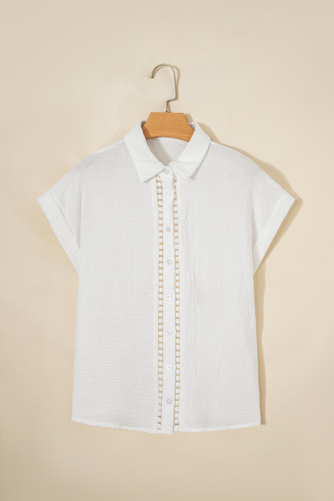 White Lace Trim Cuffed Short Sleeve Textured Shirt