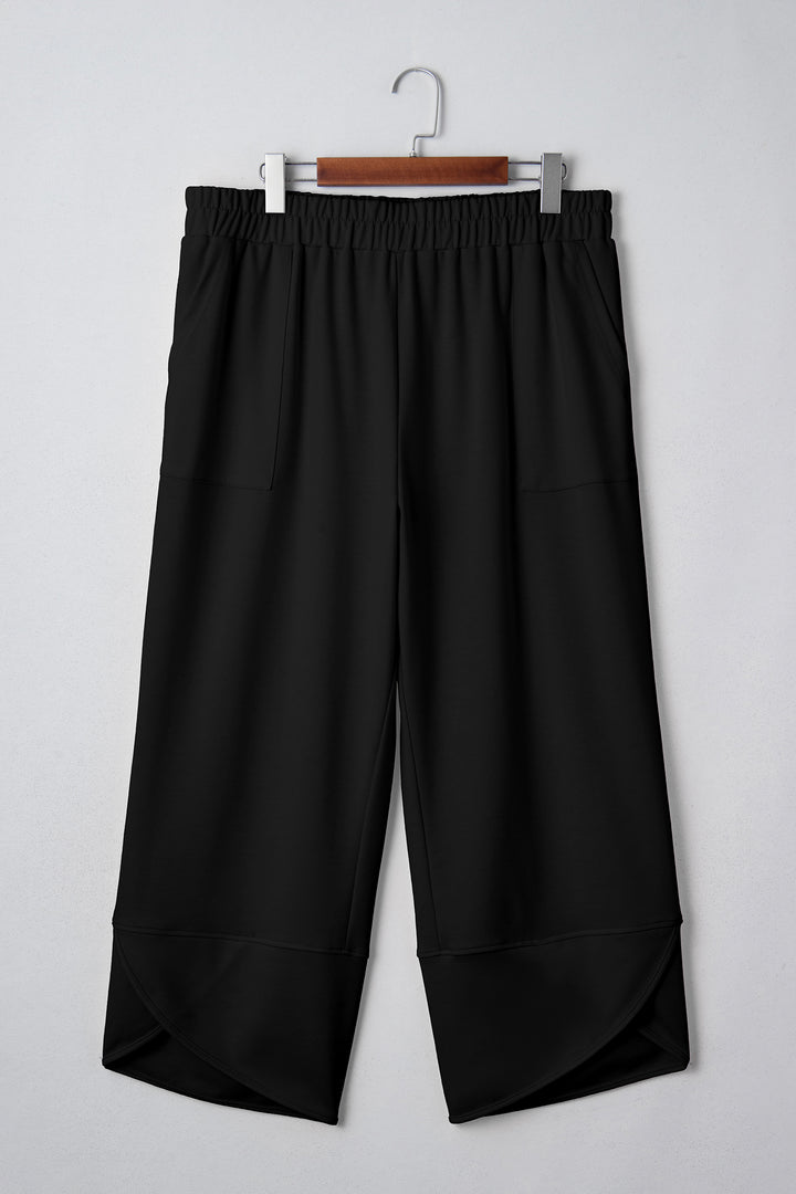 Black Plus Size Elastic Waist Asymmetrical Hem Loose Capris Pants