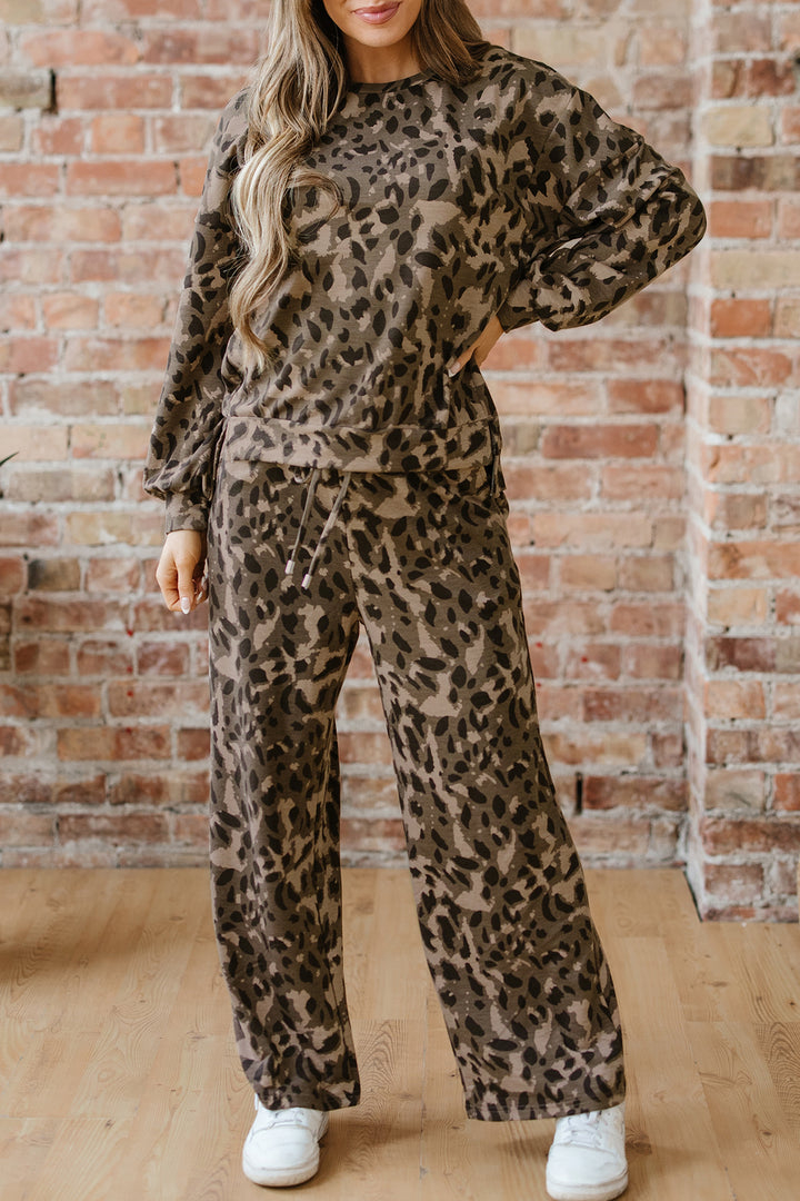 Brown Leopard Print Raw Seam Patchwork Pullover Drawstring Loose Pant Set