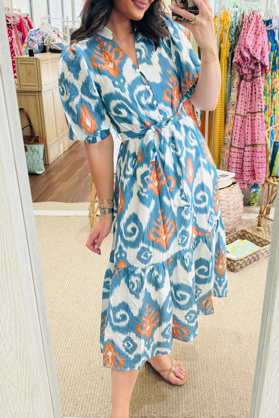 blue boho dress Sky Blue Boho Floral Print Short Puff Sleeve Button Down Ruffle Hem Mi – Errabelly