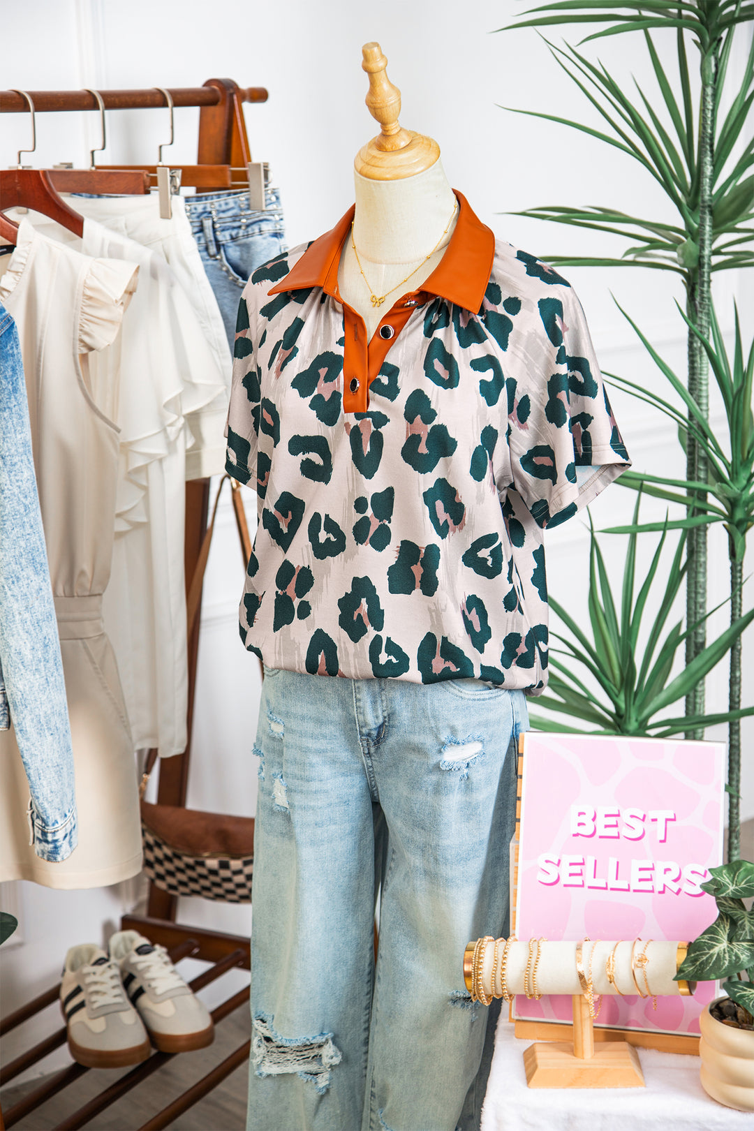 Casual Unique Leopard Print Button Contrast Collared Short Sleeve Blouse