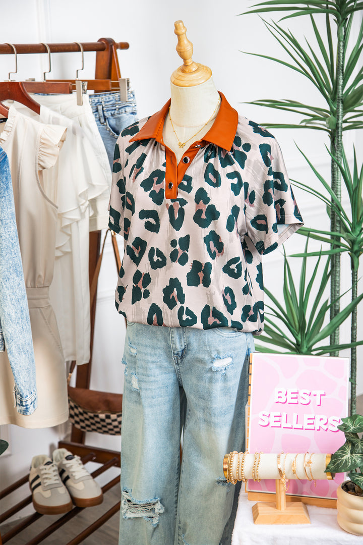 Casual Unique Leopard Print Button Contrast Collared Short Sleeve Blouse