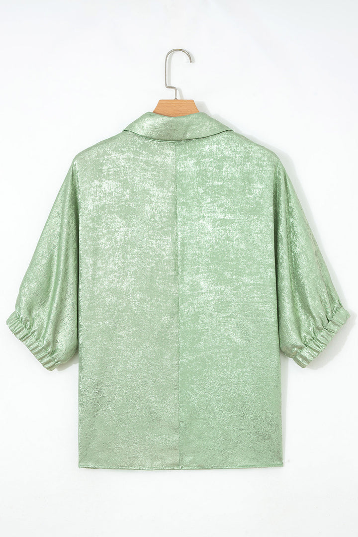 Casual Collared V Neck Half Sleeve Metallic Top