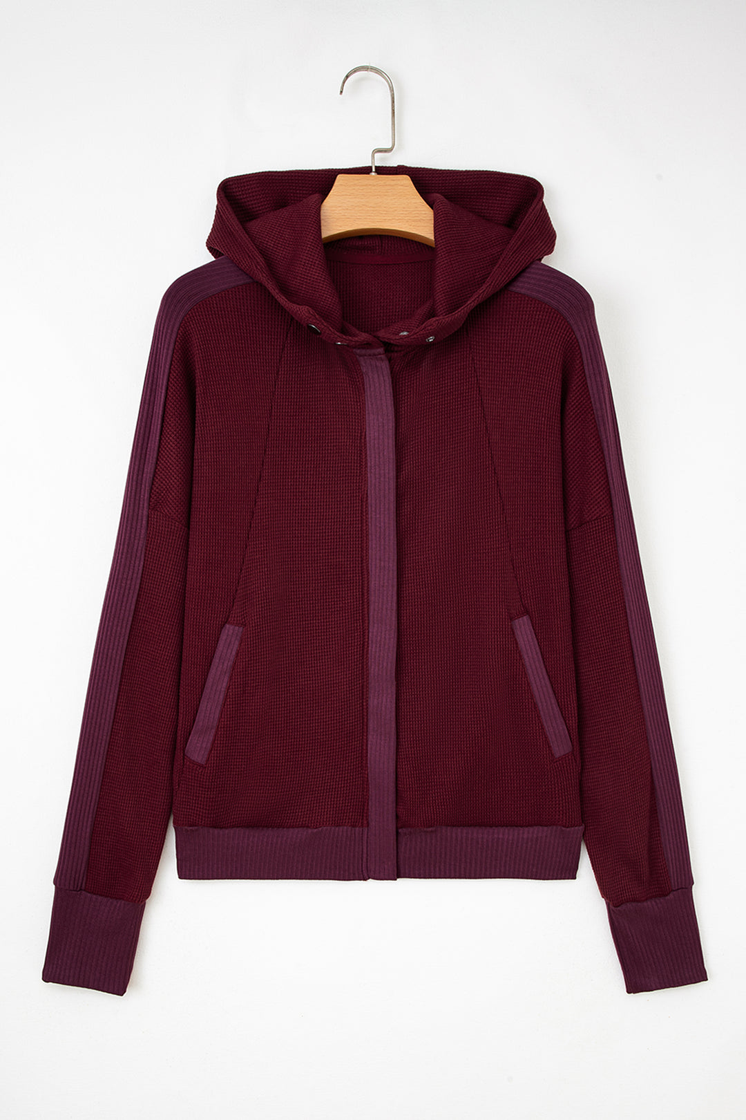 Burgundy Waffle Splicing Zip Up Front Button Hooded Jacket