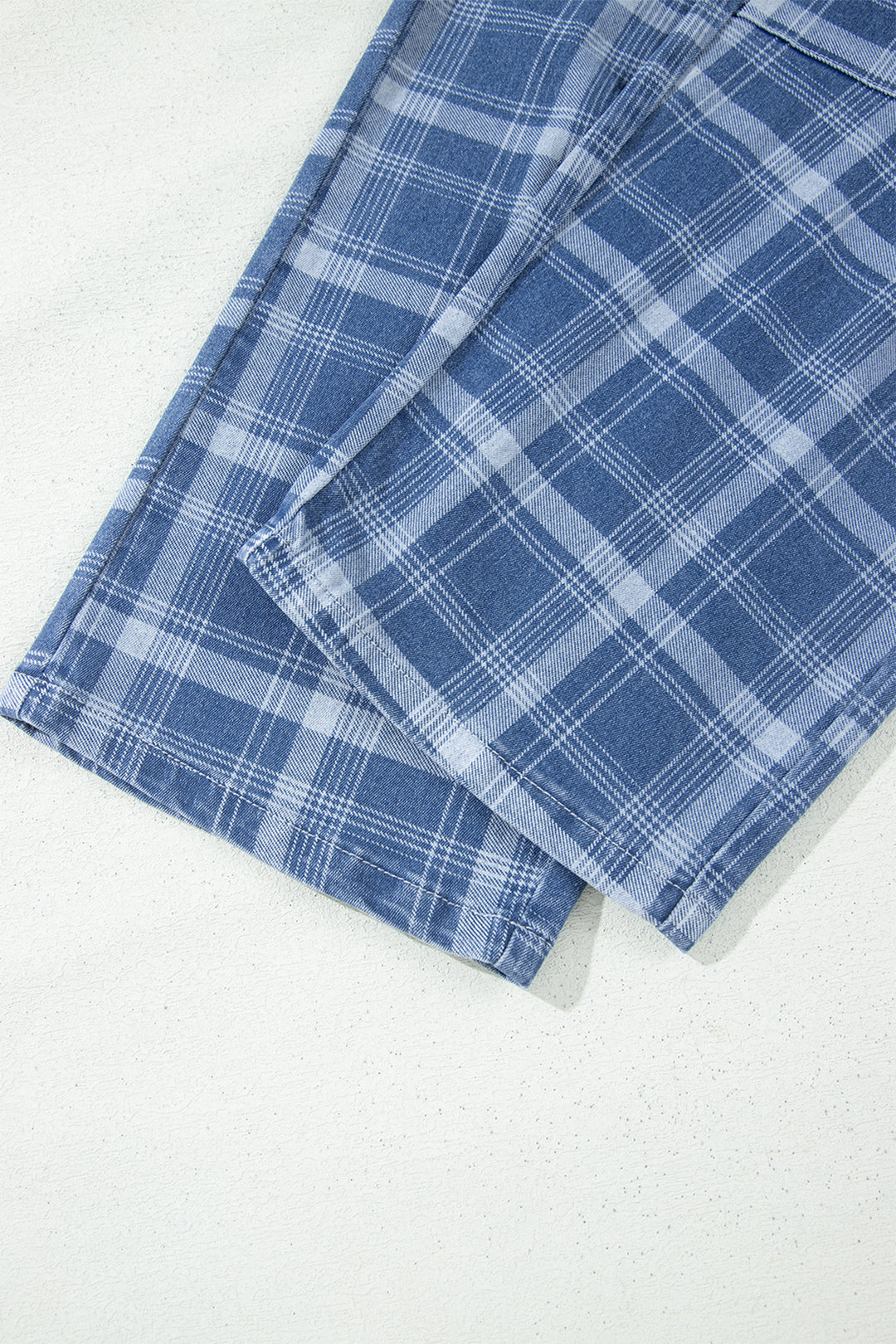 Sky Blue Plaid Denim Grommet Drawstring Waist Ankle-Length Jeans
