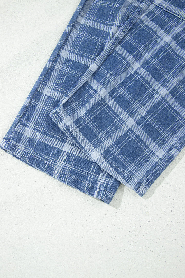 Sky Blue Plaid Denim Grommet Drawstring Waist Ankle-Length Jeans