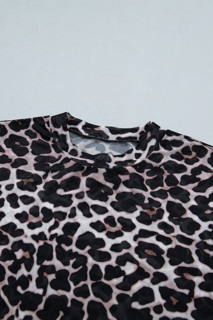 Khaki Leopard Print Sheer Mesh Short Sleeve Top
