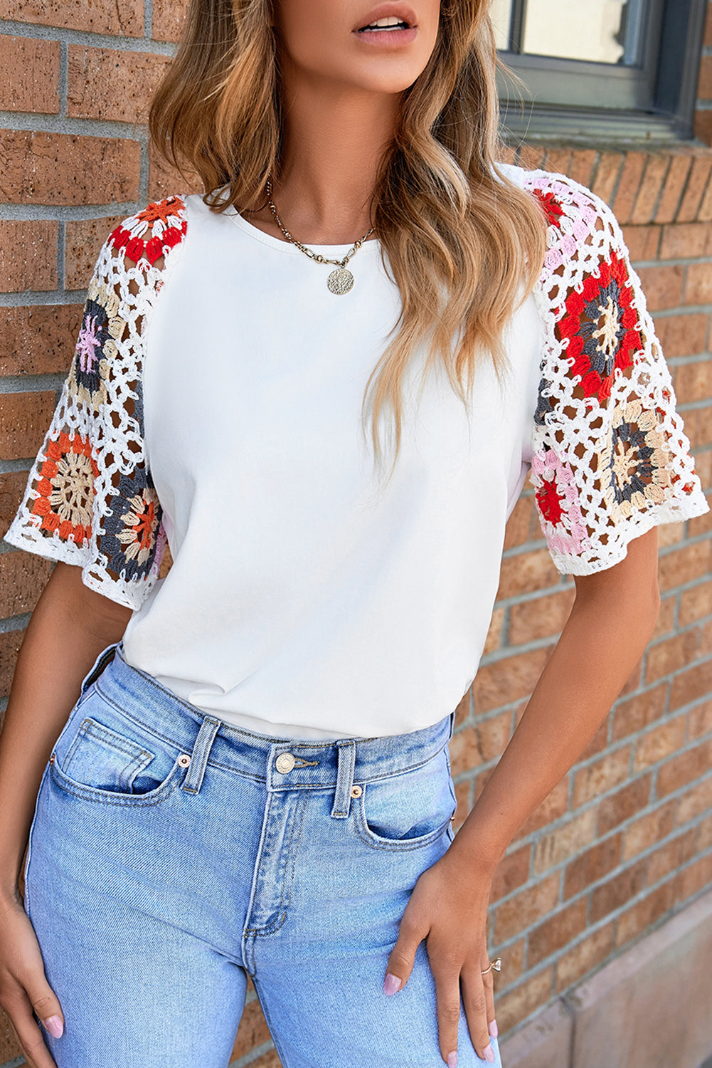 White Floral Crochet Short Sleeve Top | Women