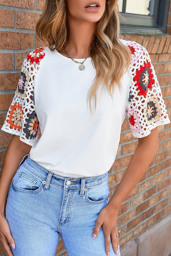 White Floral Crochet Short Sleeve Top | Women