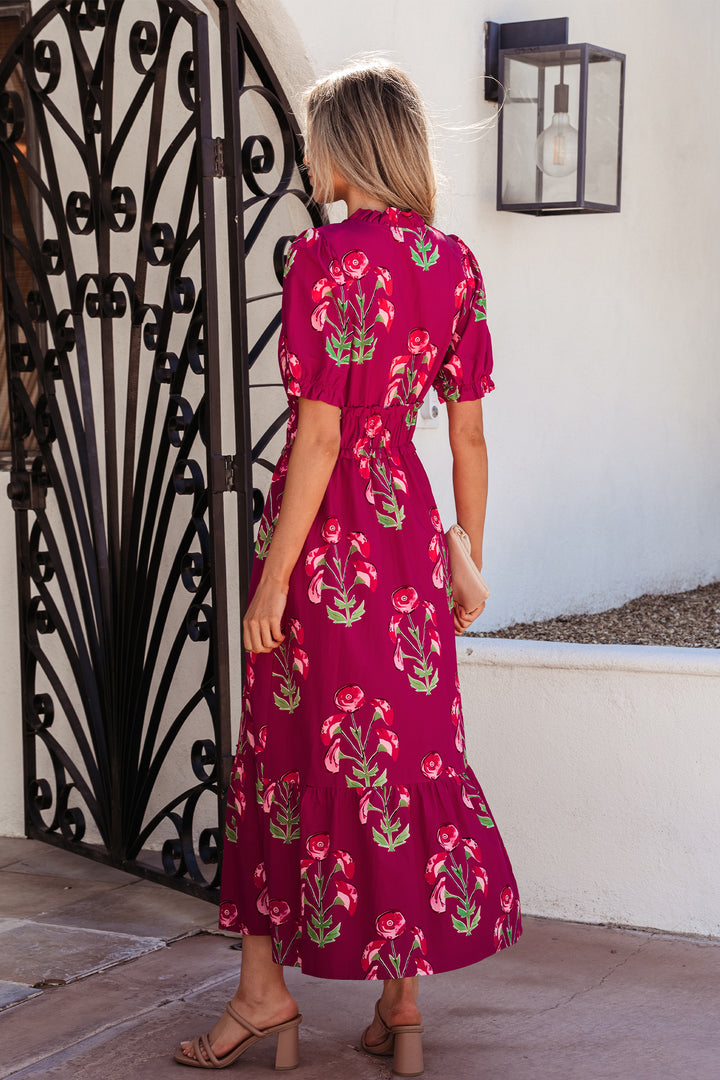 Red Floral Print Frilled V Neck Short Sleeve Ruffle Maxi Dress