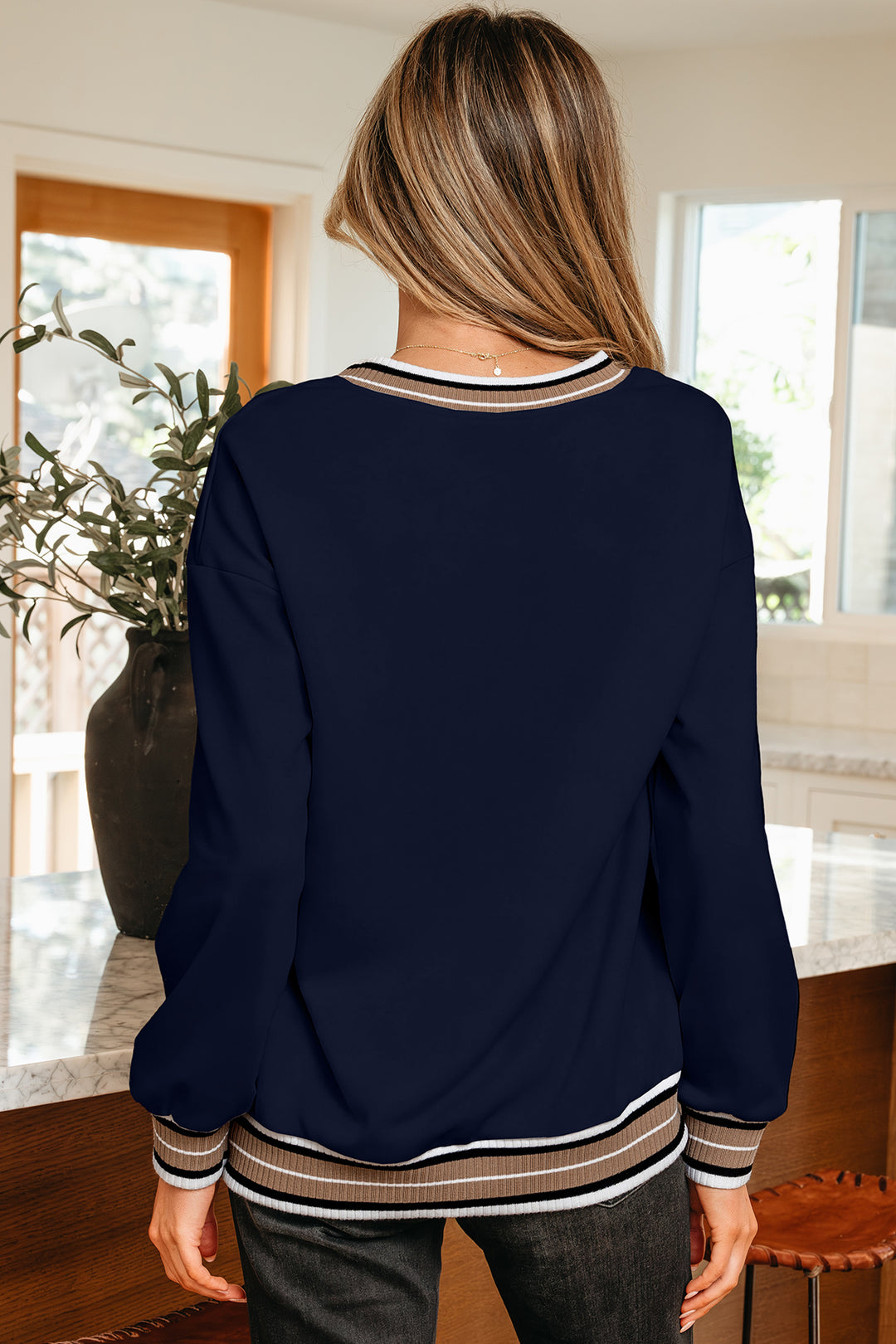 Parchment Varsity Contrast Striped Trim V Neck Sweatshirt