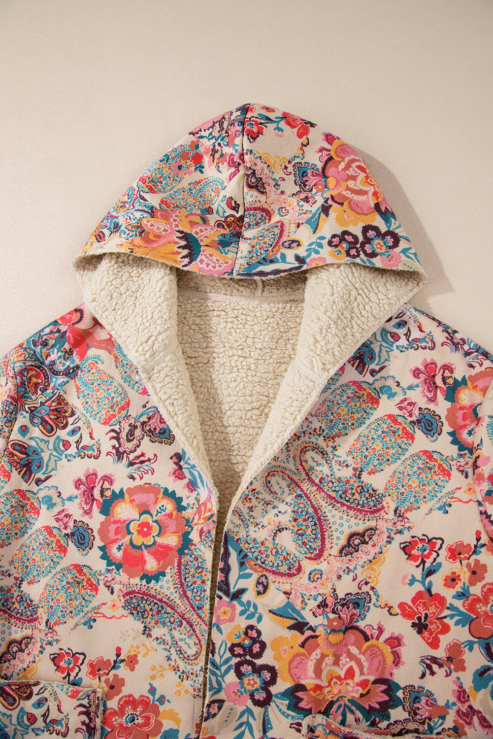 Beige Vintage Paisley Floral Printed Sherpa Lined Hooded Jacket