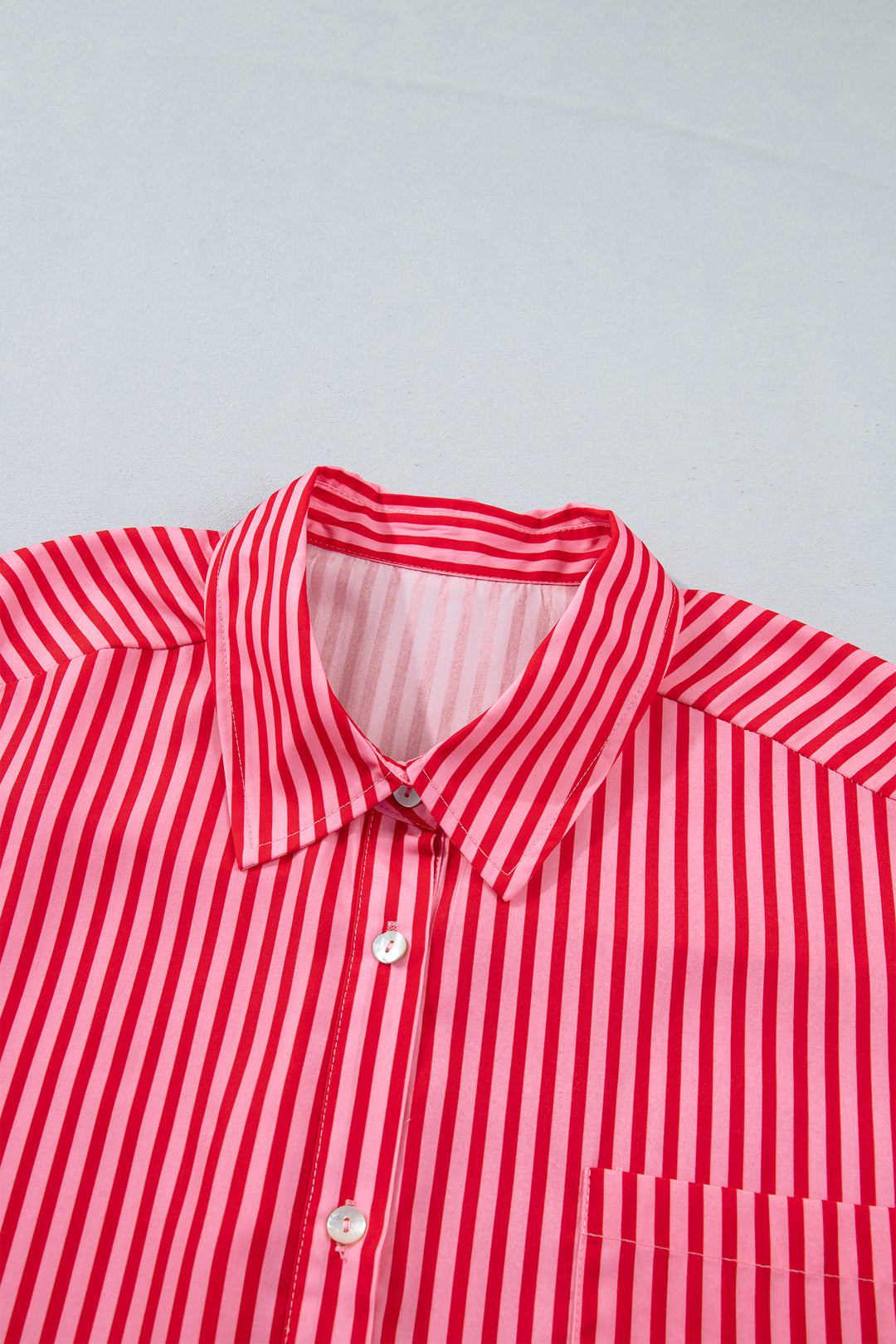 Red Stripe Button-Up Shirt Long Sleeve Patch Pocket Casual Shirt