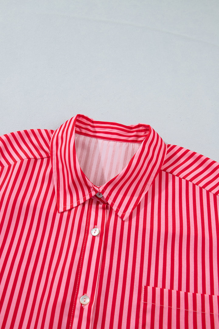 Red Stripe Button-Up Shirt Long Sleeve Patch Pocket Casual Shirt