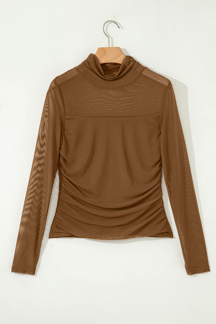 Black Sheer Mesh Patchwork High Neck Long Sleeve Top
