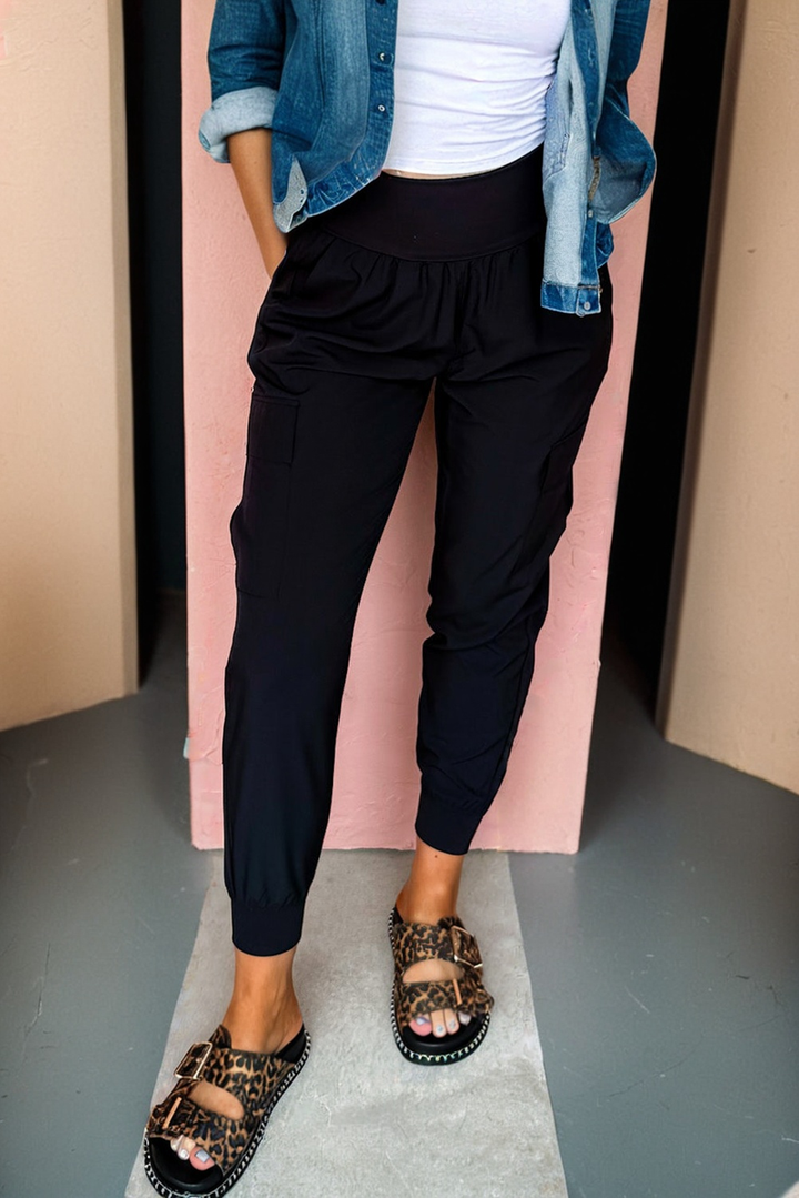 Black Elastic High Waist Pocketed Cargo Jogger Pants