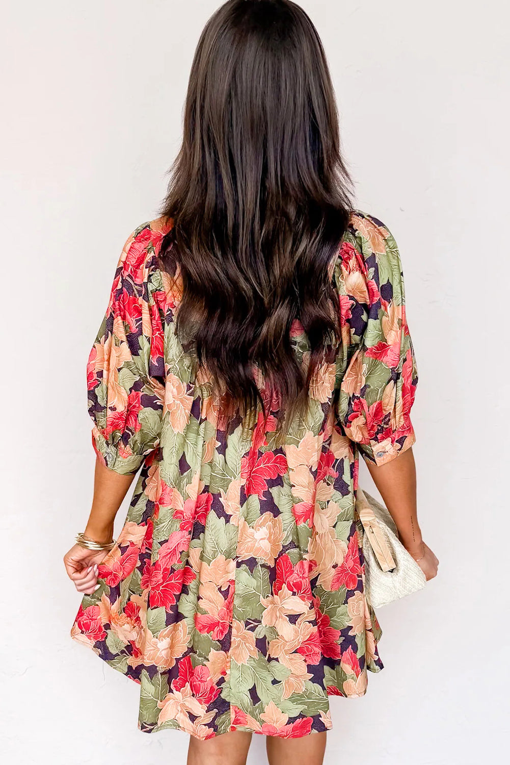 Green Floral Print Frilled Collar V Neck Half Sleeve Mini Dress