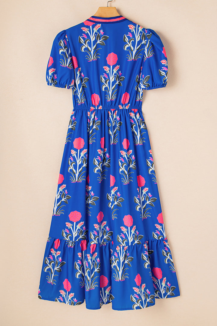 Sky Blue Floral Puff Short Sleeve V Neck High Waist Maxi Dress