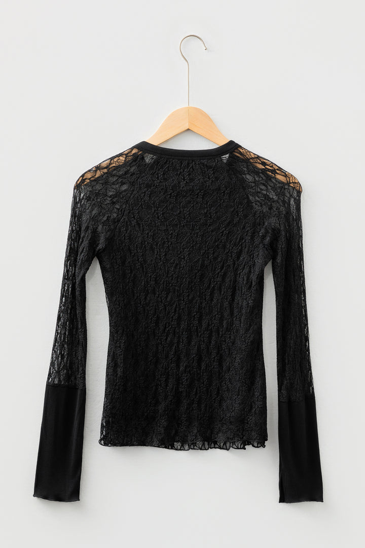 Black Sheer Lace Long Sleeve Slim Henley Top