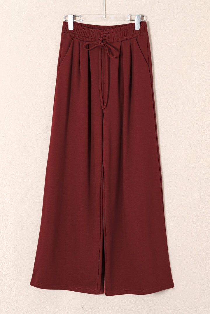 Burgundy Tied Elastic High Waist Pleated Detail Solid Sweatpants