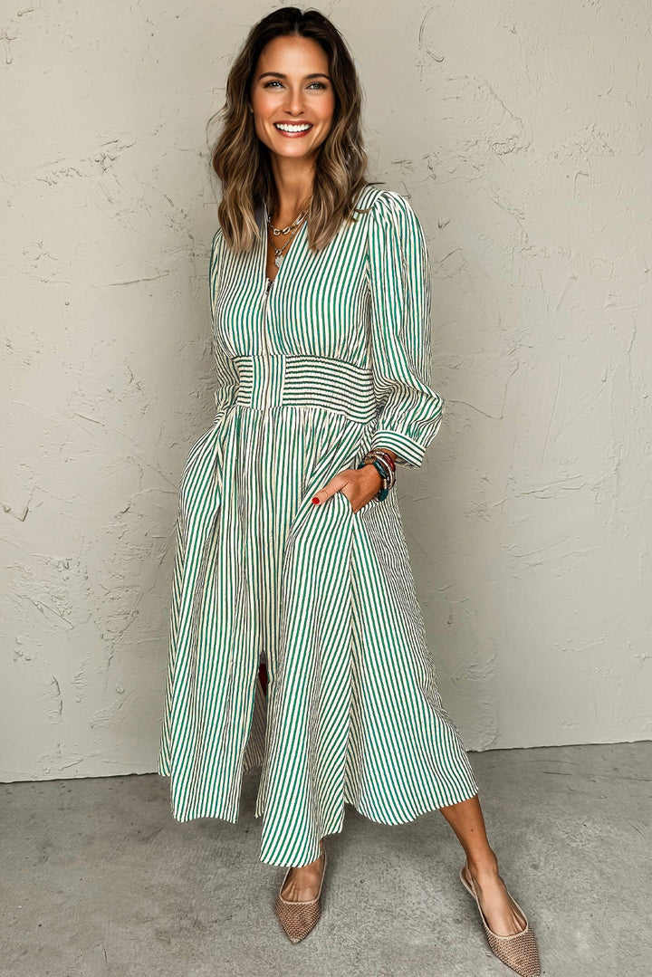 Green Stripe V Neck Zip Front Cinched High Waist Midi Dress