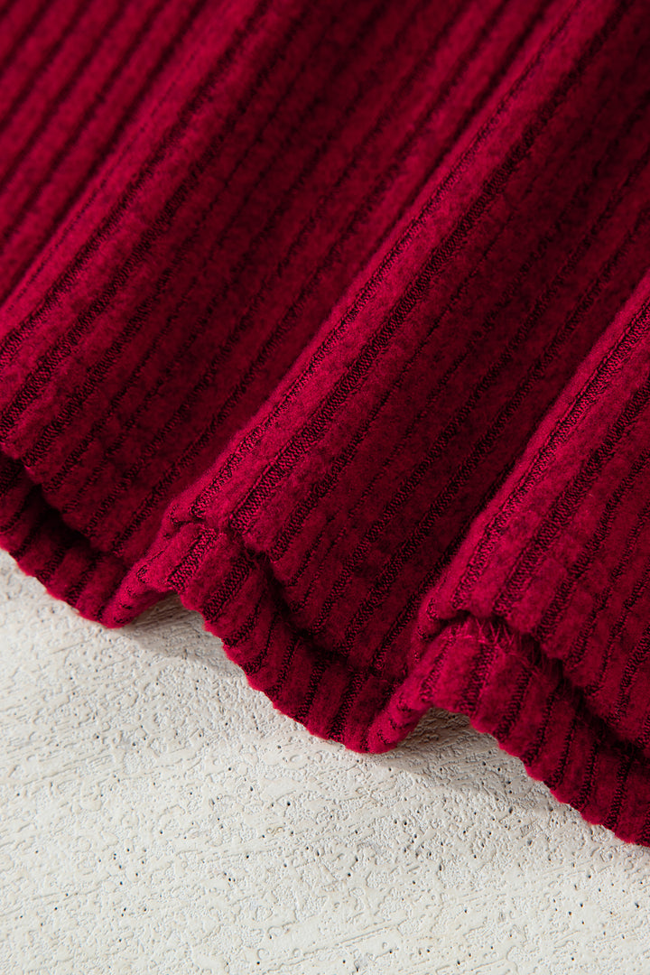 Racing Red Ribbed V Neck Contrast Ribbon Bow Back Drop Shoulder Long Sleeve Top