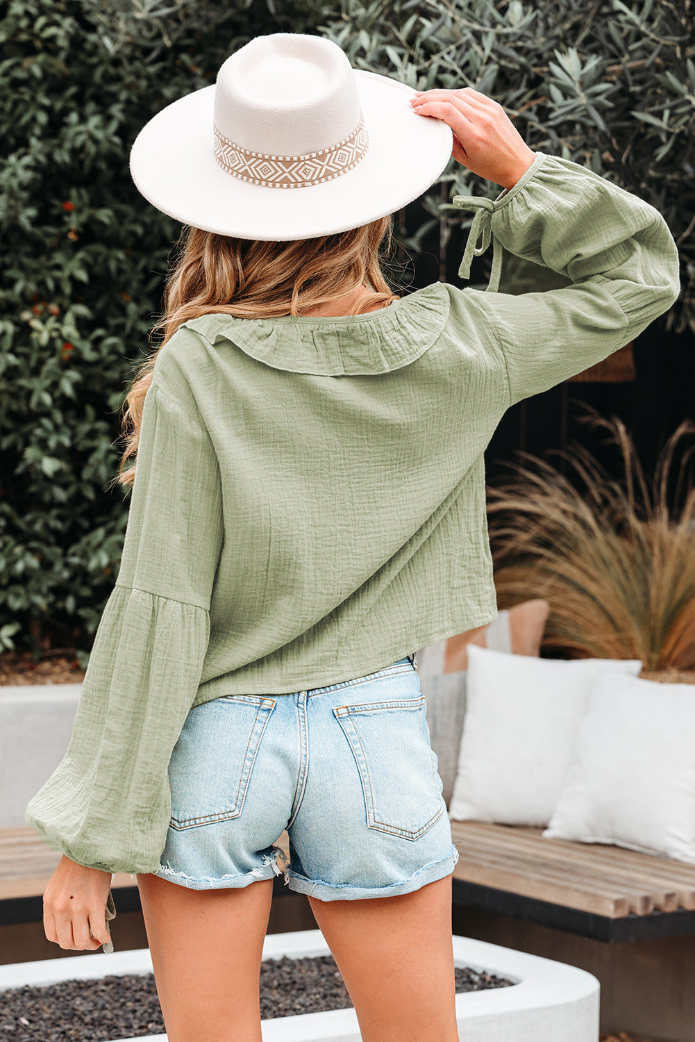 Meadow Mist Green Bow Tie Front Ruffle Trim V Neck Long Sleeve Gauze 100% Cotton Blouse