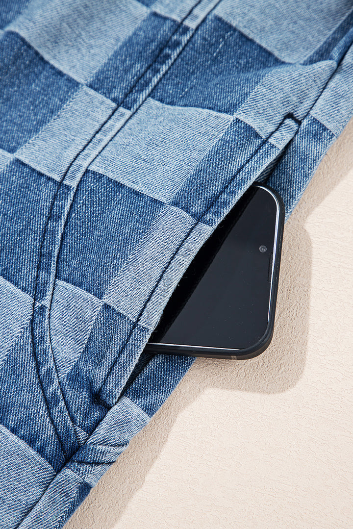 Sky Blue Checkerboard Oversized Zipped Neck Kangaroo Pocket Denim Hoodie