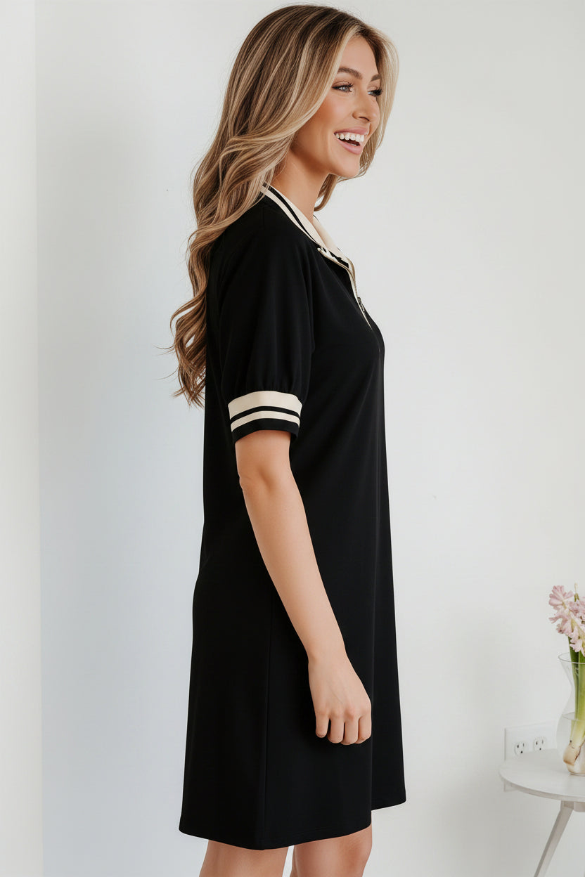 Black Striped Webbing Trim Preppy Polo Tee Dress