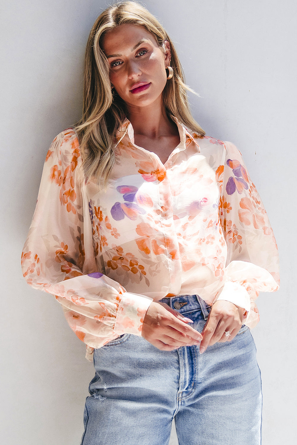 White Floral Print Collared Balloon Sleeve Loose Shirt | Women