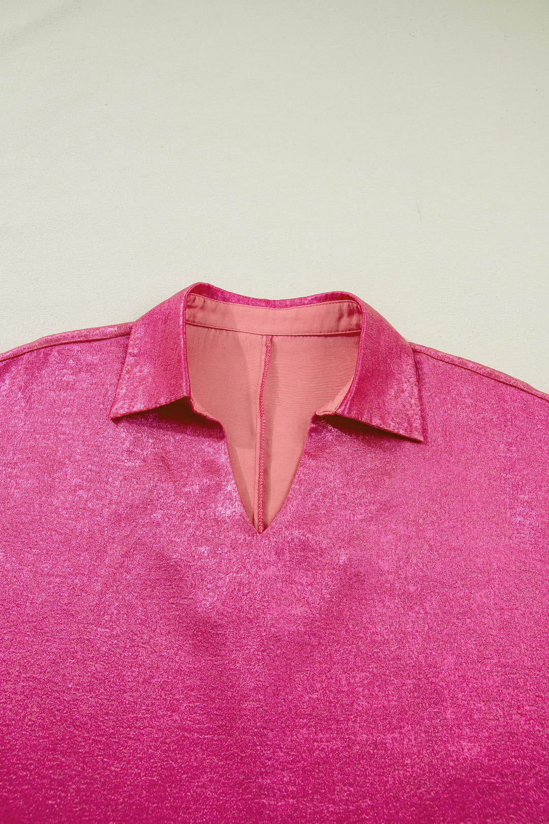 Casual Collared V Neck Half Sleeve Metallic Top