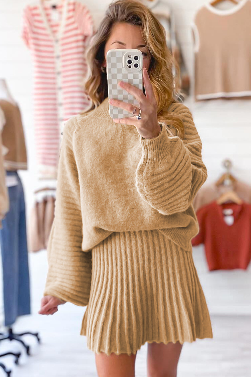 Smoke Gray Lantern Sleeve Sweater Pleated Knitted Mini Skirt Set