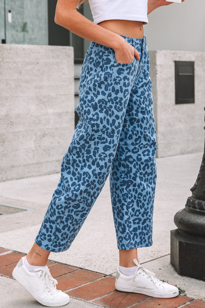 Sky Blue Leopard Print Straight Loose Jeans