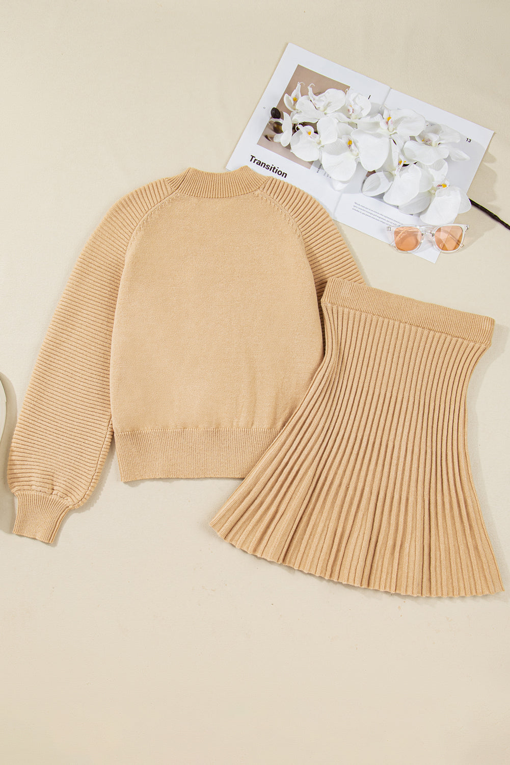 Smoke Gray Lantern Sleeve Sweater Pleated Knitted Mini Skirt Set